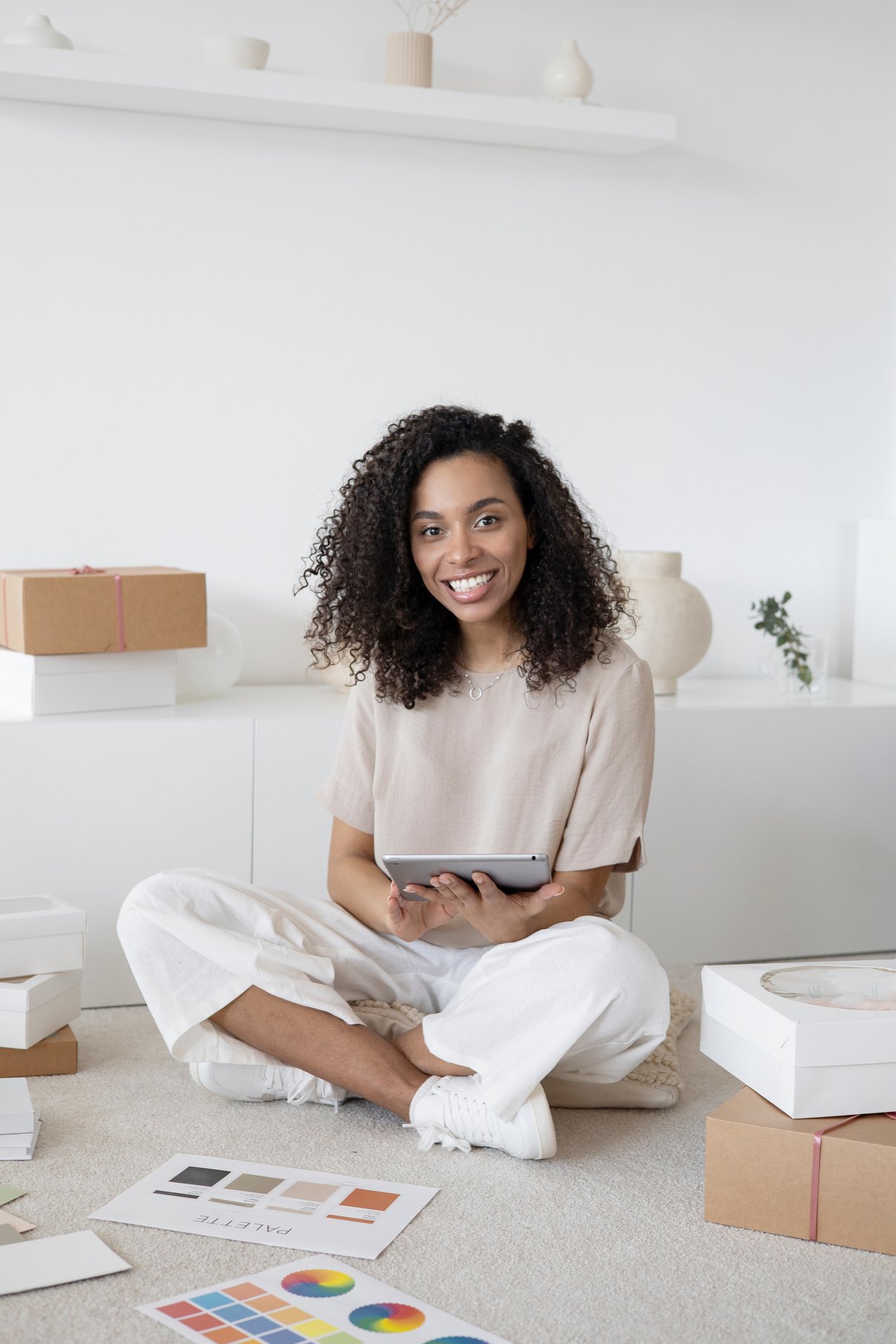 Woman in White Dress Shirt Sitting on White Table